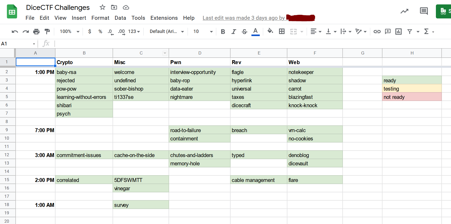 challenge schedule spreadsheet